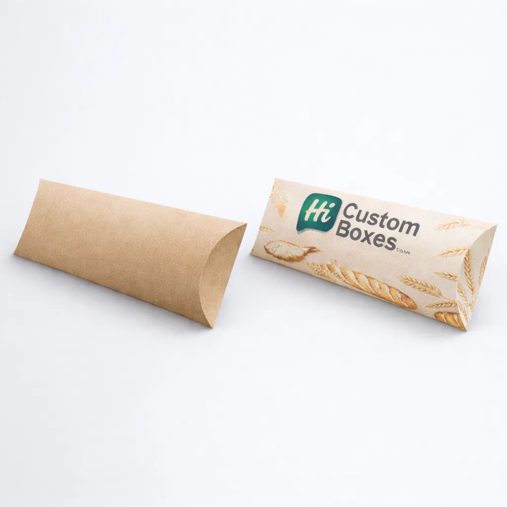 Unique pillow-shaped baguette boxes made from eco-friendly kraft paper with custom bakery logo and graphics. class=